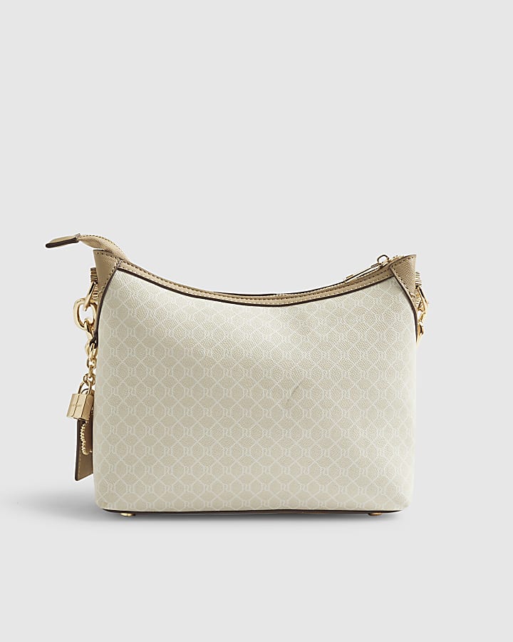 Beige Monogram Chain Front Slouchy Cross Body