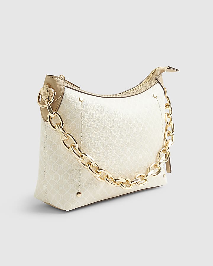 Beige Monogram Chain Front Slouchy Cross Body