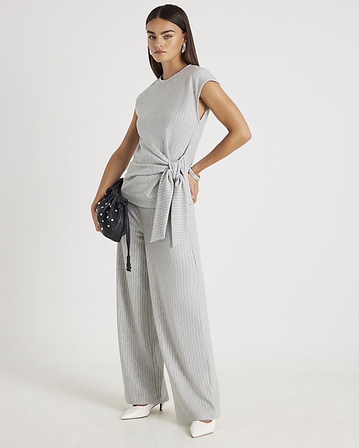 Grey Short Sleeve Pinstripe Tie Detail Top