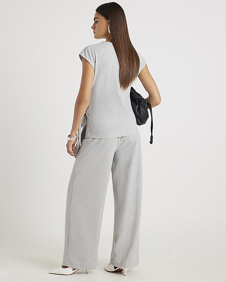 Grey Drawstring Pinstripe Wide Leg Trousers