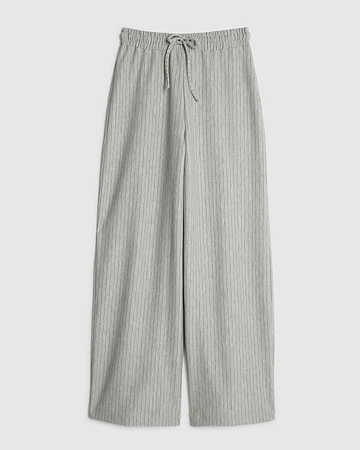 Grey Drawstring Pinstripe Wide Leg Trousers