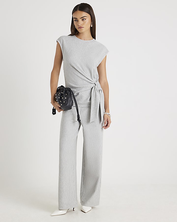 Grey Drawstring Pinstripe Wide Leg Trousers