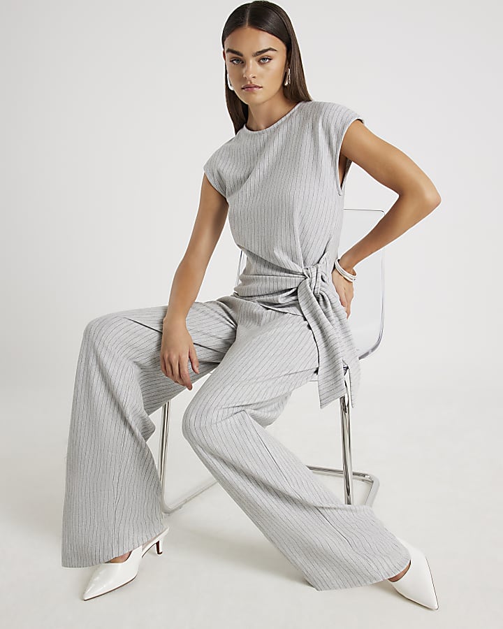 Grey Drawstring Pinstripe Wide Leg Trousers