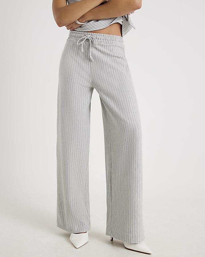 Grey Drawstring Pinstripe Wide Leg Trousers