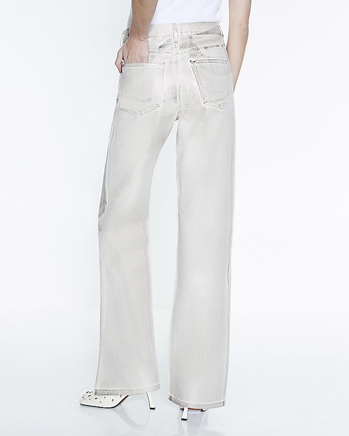 Cream Metallic Coated Relaxed Straight Jeans