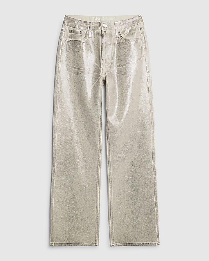 Cream Metallic Coated Relaxed Straight Jeans