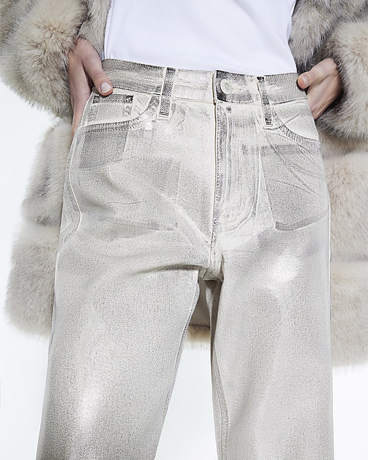 Cream Metallic Coated Relaxed Straight Jeans