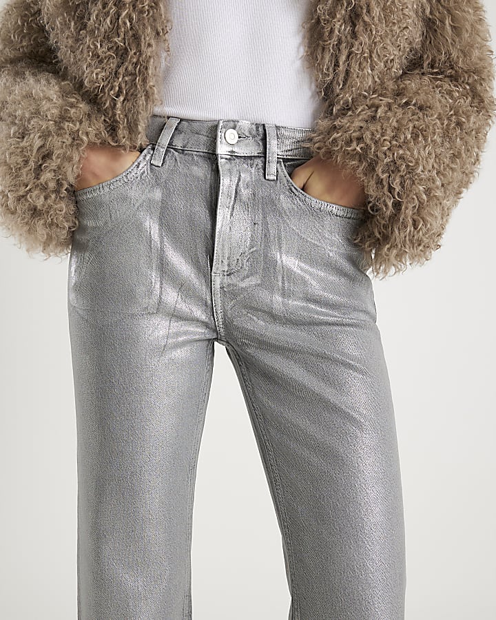 Silver Foil Coated Stretch Straight Leg Jeans