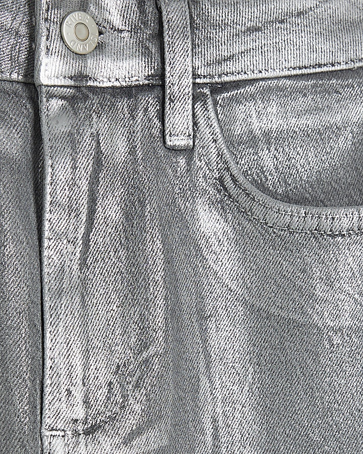 Silver Foil Coated Stretch Straight Leg Jeans