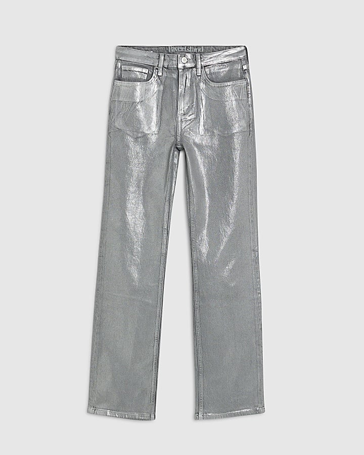 Silver Foil Coated Stretch Straight Leg Jeans