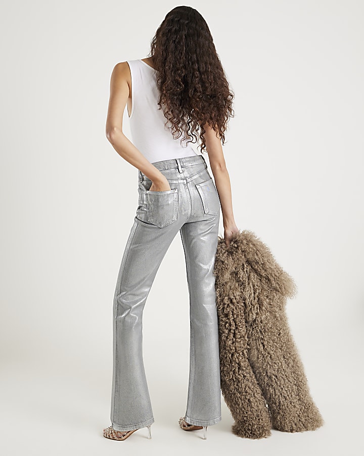 Silver Foil Coated Stretch Straight Leg Jeans