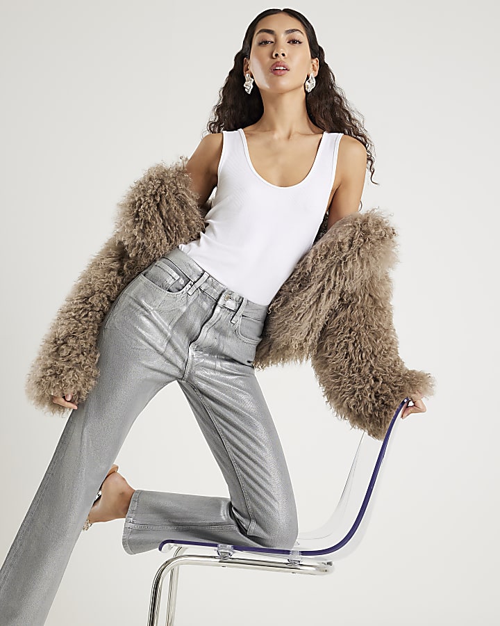 Silver Foil Coated Stretch Straight Leg Jeans