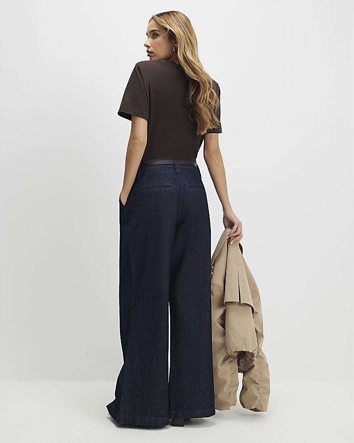 Blue Belted Split Hem Wide Leg Jeans