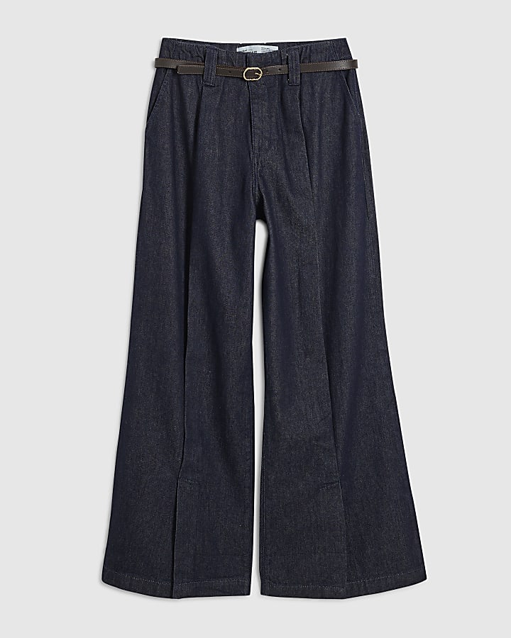 Blue Belted Split Hem Wide Leg Jeans