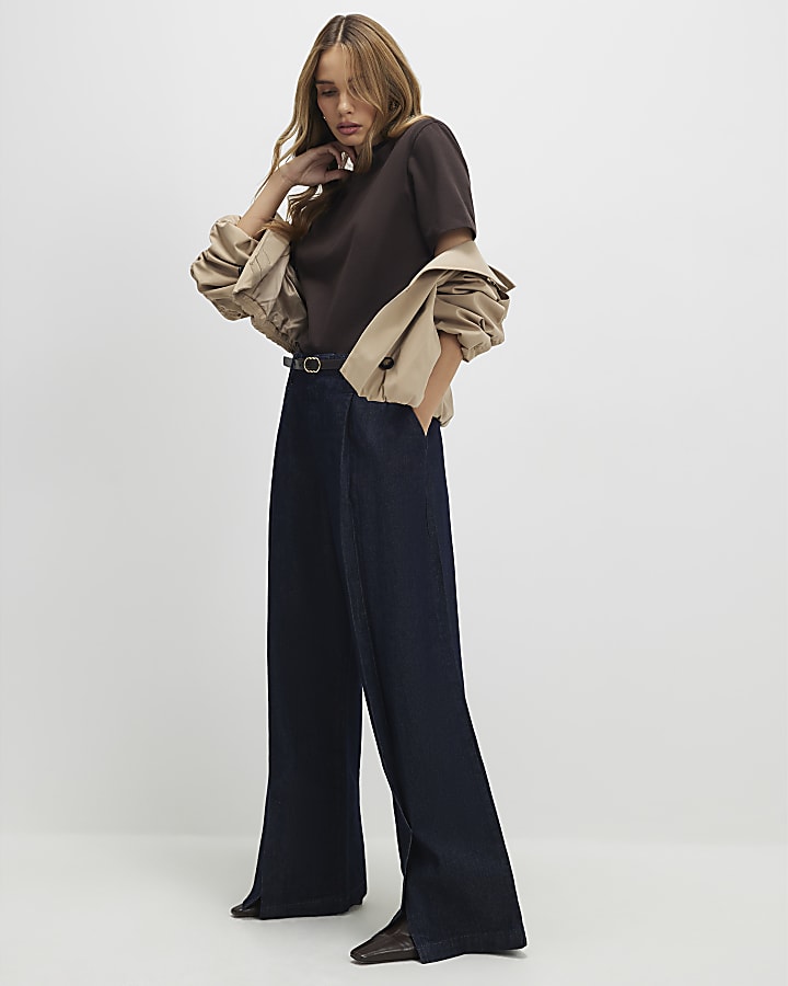 Blue Belted Split Hem Wide Leg Jeans