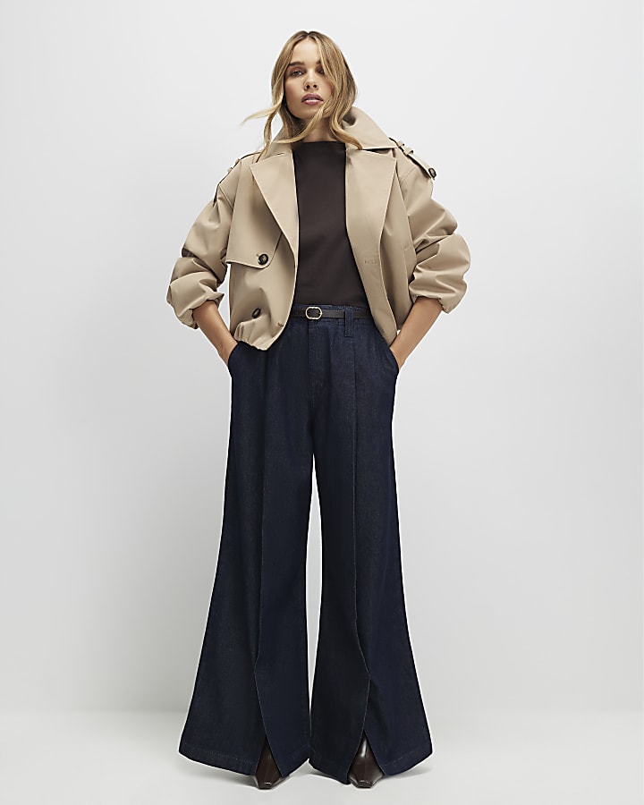 Blue Belted Split Hem Wide Leg Jeans