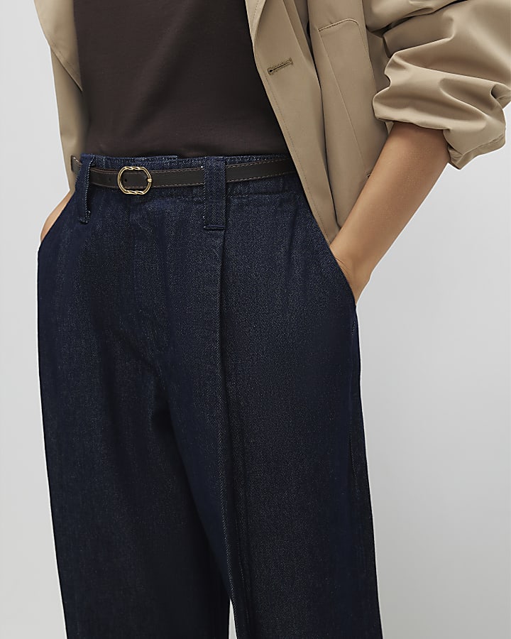 Blue Belted Split Hem Wide Leg Jeans