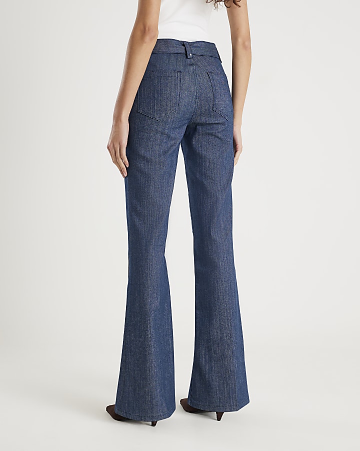 Blue High Waisted Relaxed Flare Seam Jeans