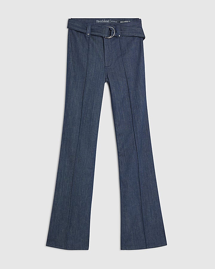 Blue High Waisted Relaxed Flare Seam Jeans