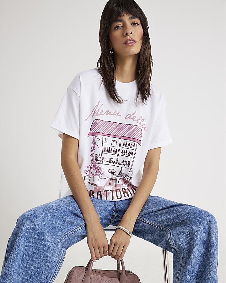 Cream Short Sleeve Restaurant Print T-shirt