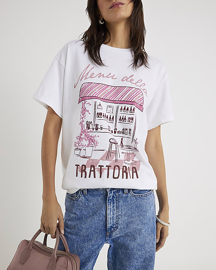 Cream Short Sleeve Restaurant Print T-shirt