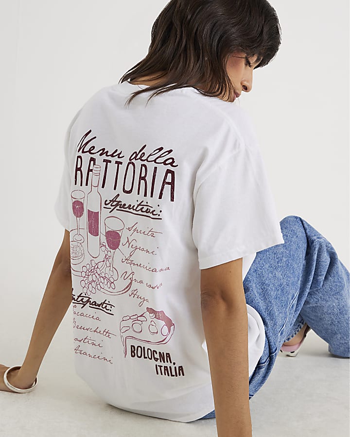 Cream Short Sleeve Restaurant Print T-shirt