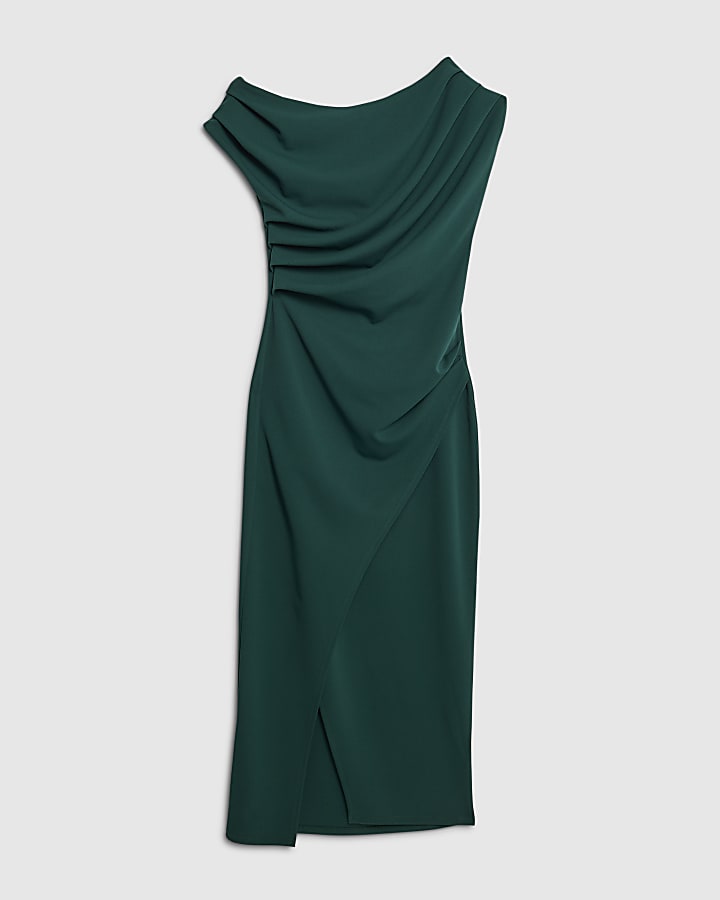 Green Asymmetric Draped Wrap Midi Dress