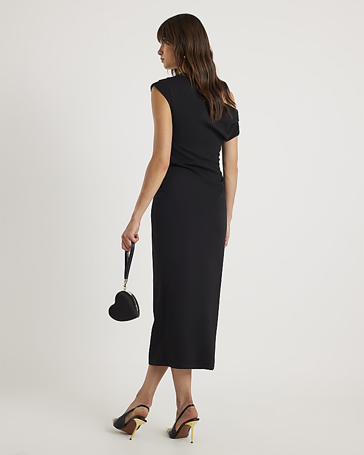 Black Asymmetric Draped Wrap Midi Dress