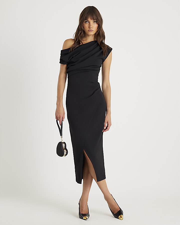 Black Asymmetric Draped Wrap Midi Dress
