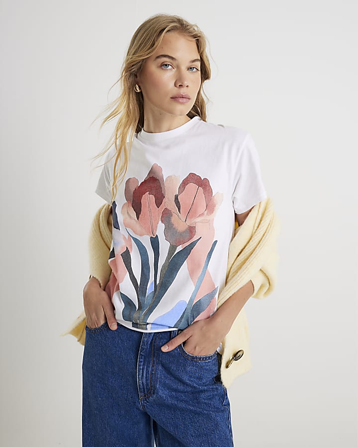 White Short Sleeve Flower T-shirt