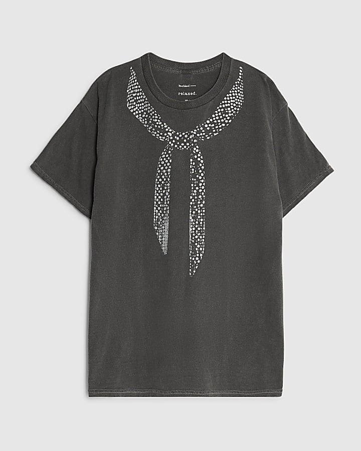 Grey Short Sleeve Glitter Scarf T-shirt