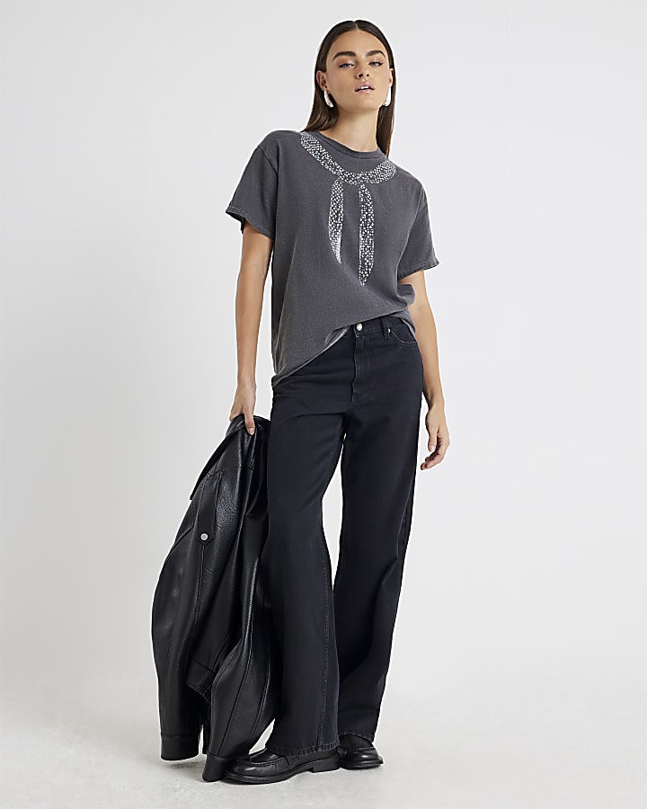 Grey Short Sleeve Glitter Scarf T-shirt