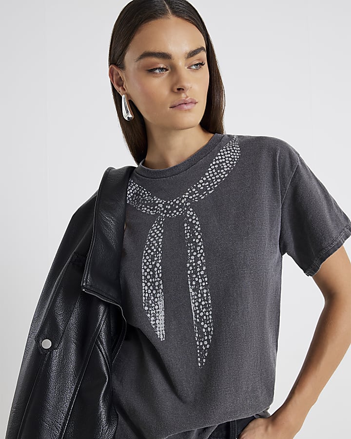 Grey Short Sleeve Glitter Scarf T-shirt