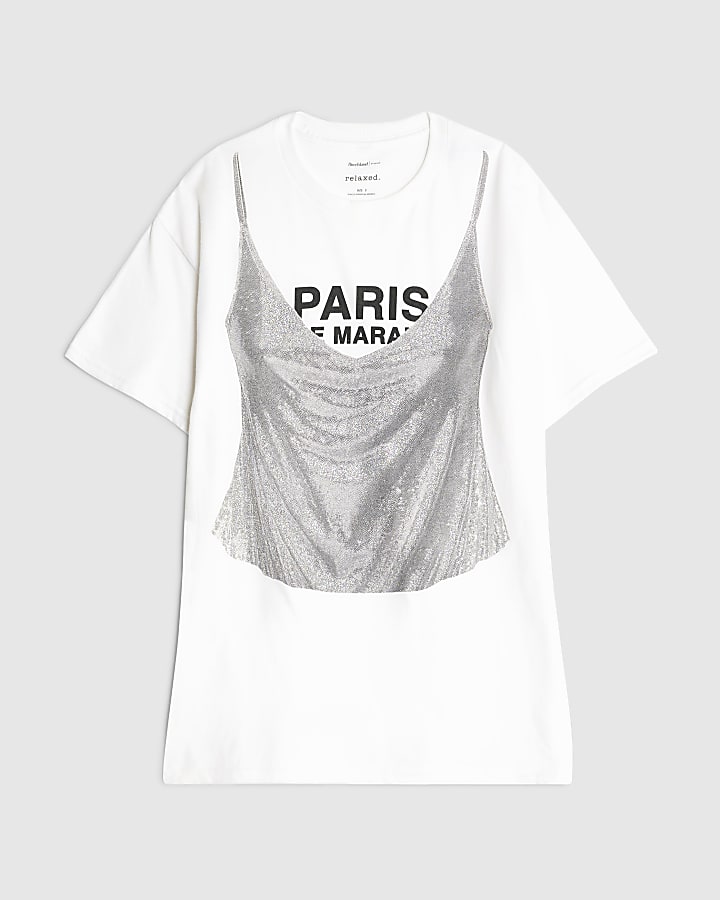 White Short Sleeve Glitter Cami Paris T-shirt