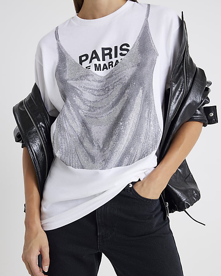 White Short Sleeve Glitter Cami Paris T-shirt