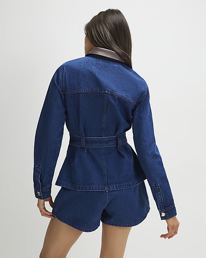 Blue Denim Faux Leather Collar Belted Jacket