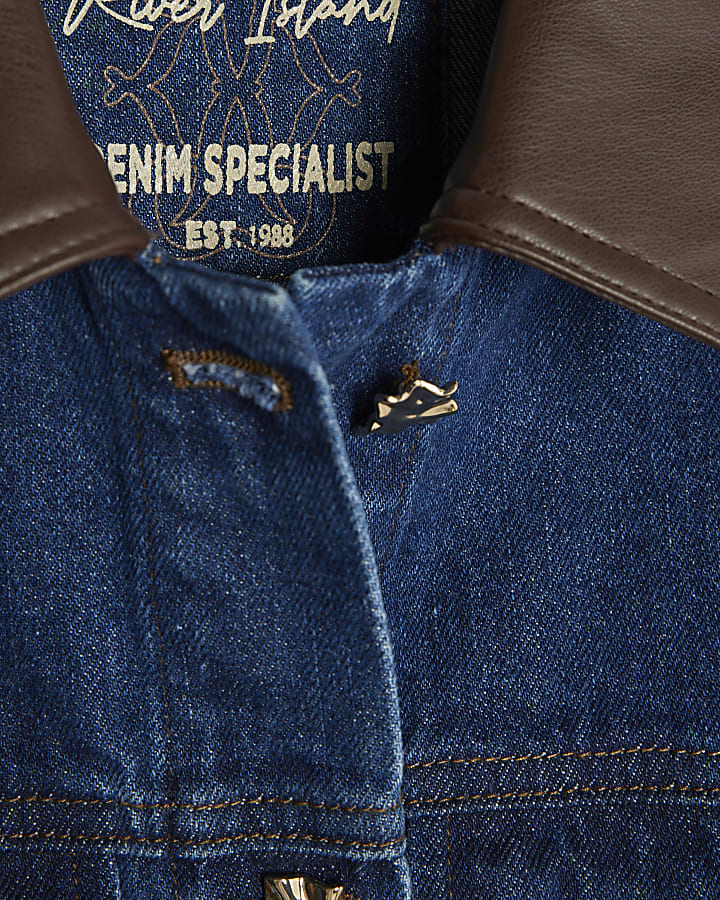 Blue Denim Faux Leather Collar Belted Jacket