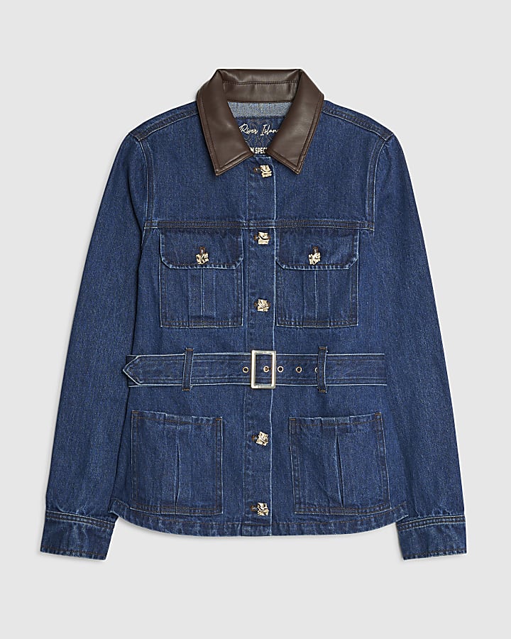 Blue Denim Faux Leather Collar Belted Jacket