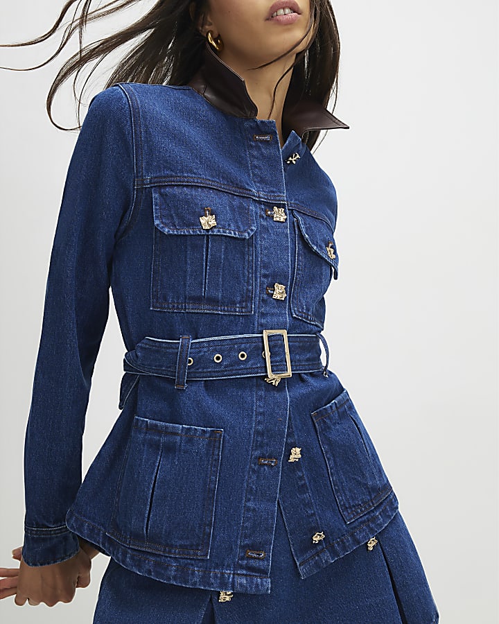 Blue Denim Faux Leather Collar Belted Jacket