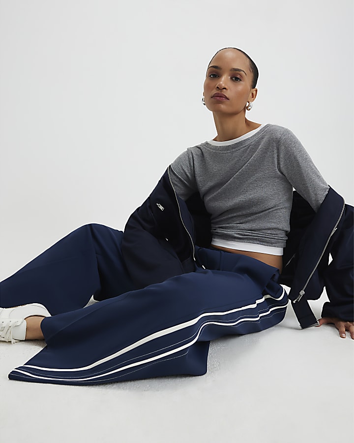 Navy Side Stripe Wide Leg Joggers