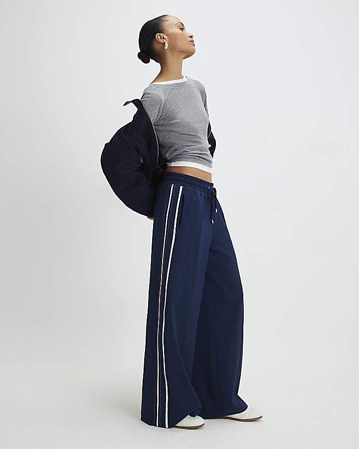 Navy Side Stripe Wide Leg Joggers