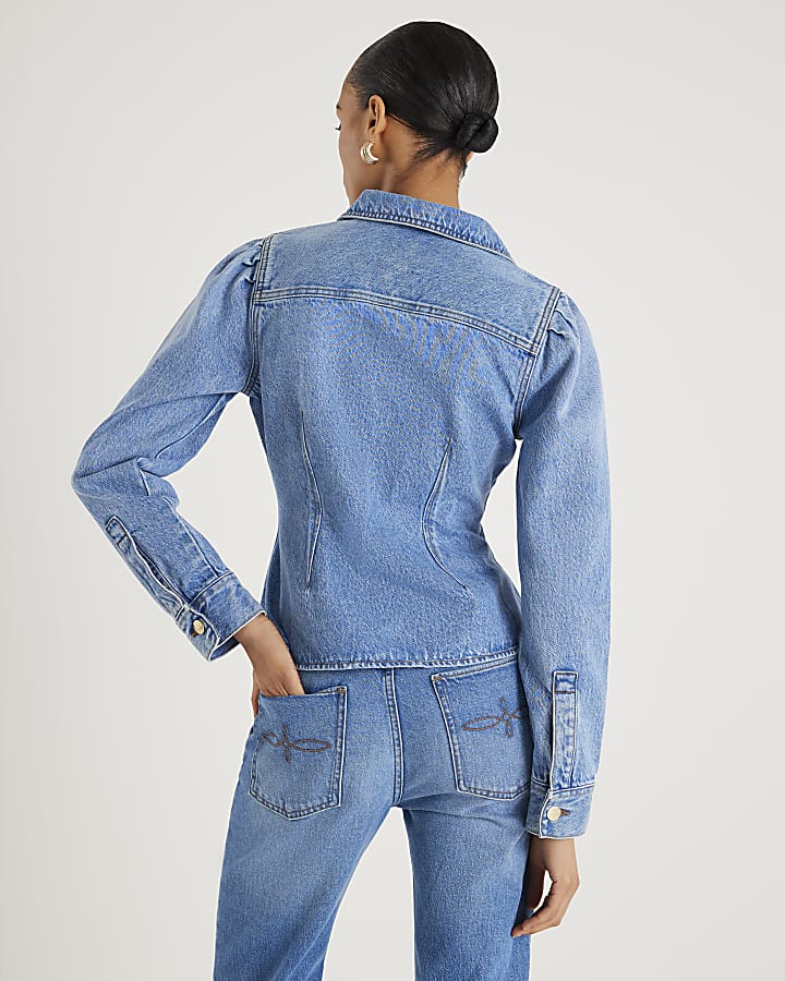 Blue Denim Long Puff Sleeve Jacket