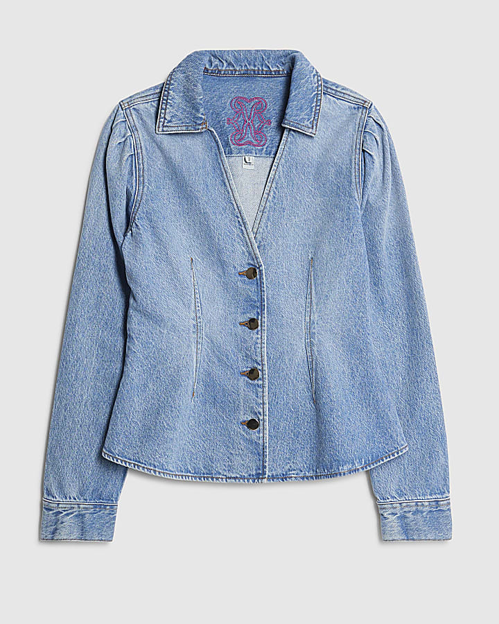 Blue Denim Long Puff Sleeve Jacket