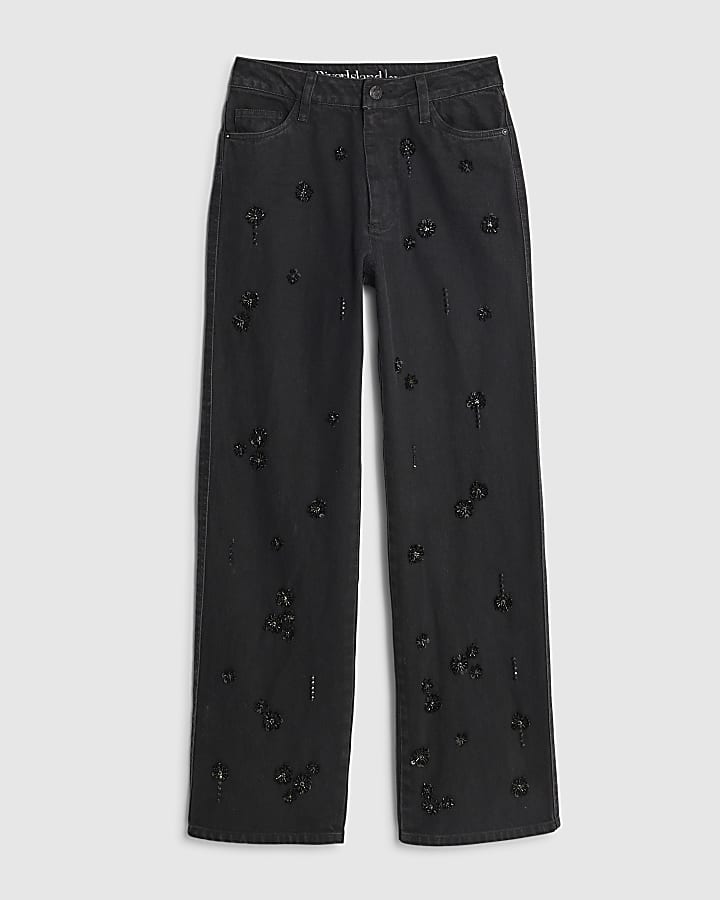 Black Relaxed Straight Embellished Jeans