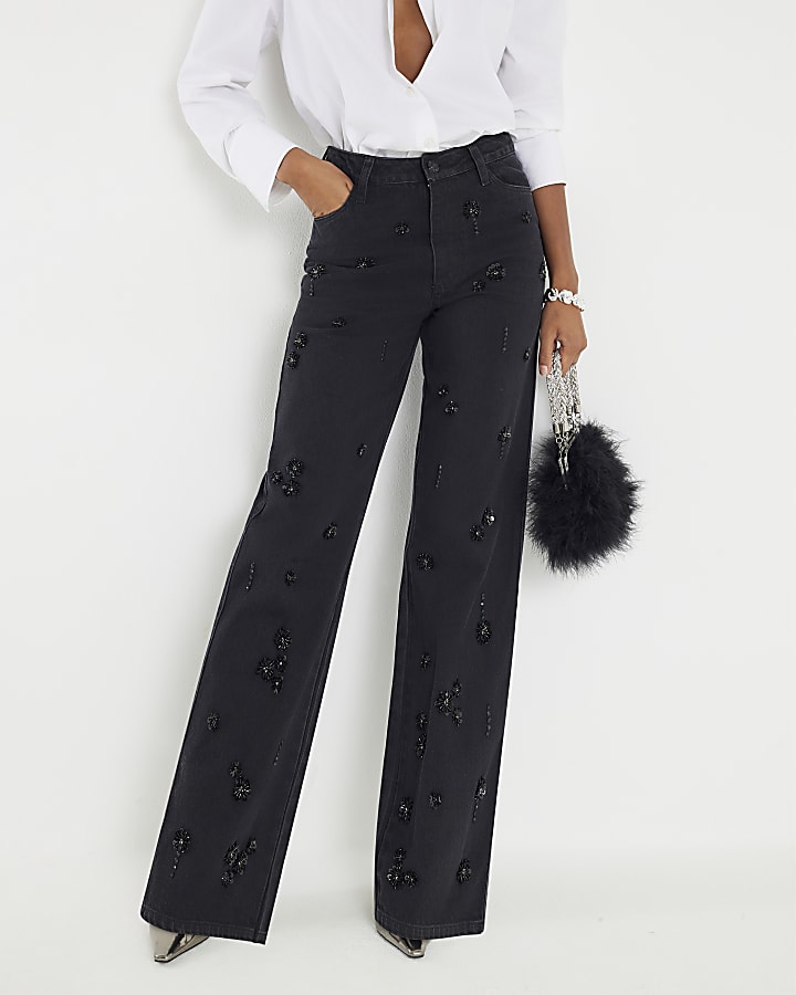 Black Relaxed Straight Embellished Jeans