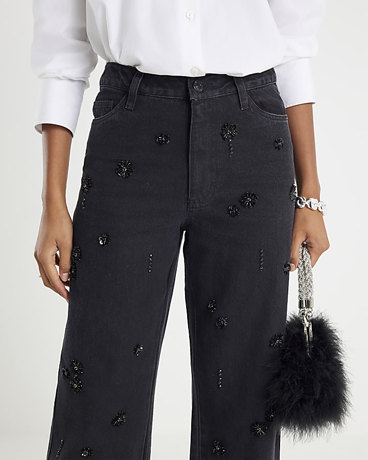 Black Relaxed Straight Embellished Jeans