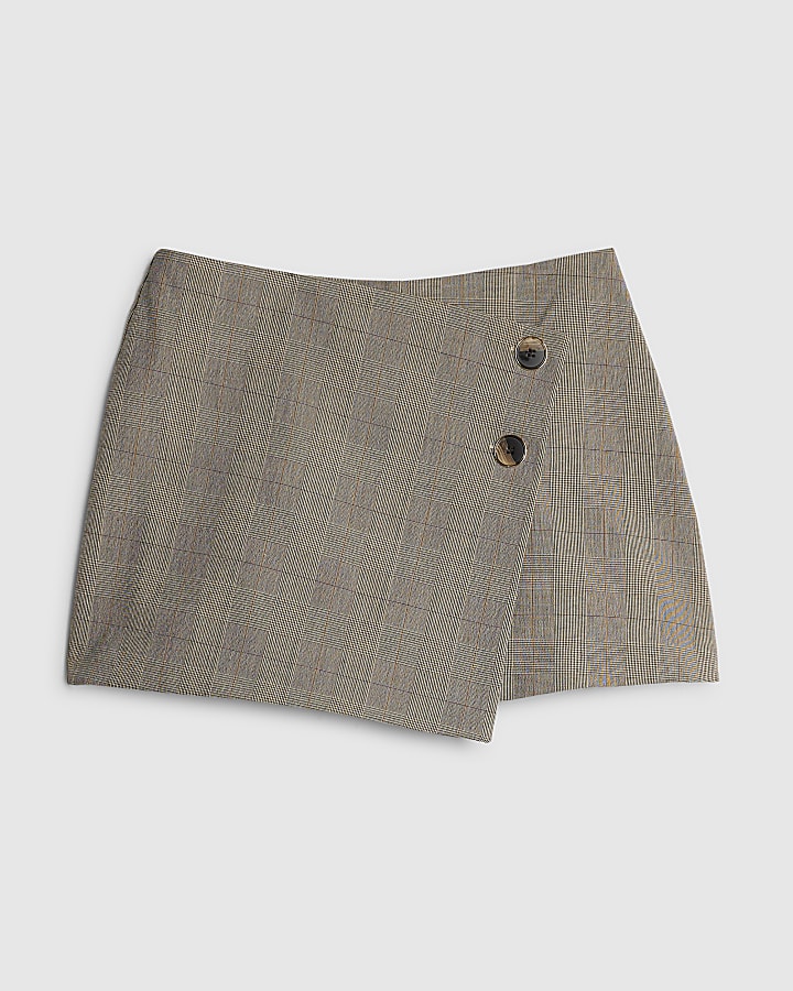 Beige Check Print Asymmetric Wrap Skort
