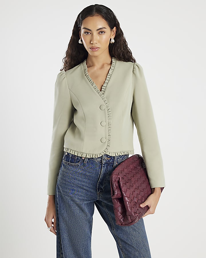 Green Long Sleeve Frilled Blazer