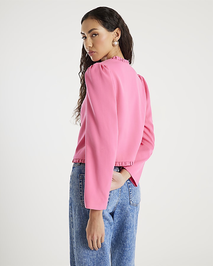 Pink Long Sleeve Frill Trim Jacket