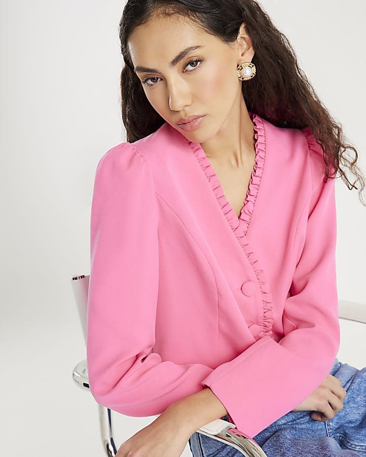 Pink Long Sleeve Frill Trim Jacket